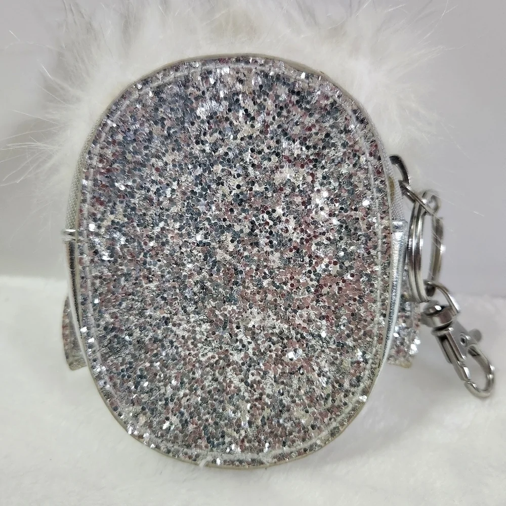 Target Owl Faux Leather Fur Trim White Silver Glitter Coin Purse Keychain NWOT